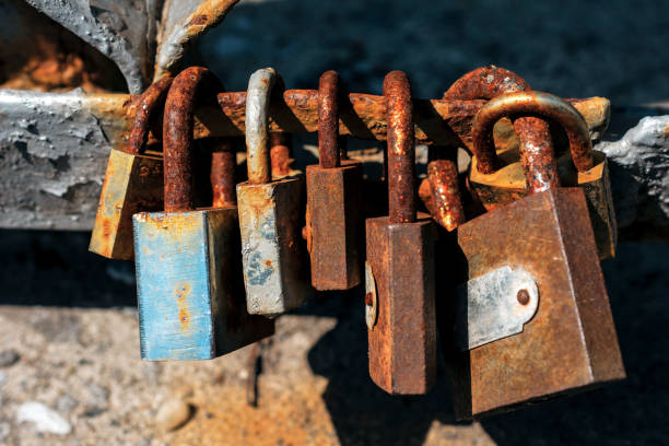 istock Close-Up Of Beautiful Rusty Love Locks On Bridge 1057492264