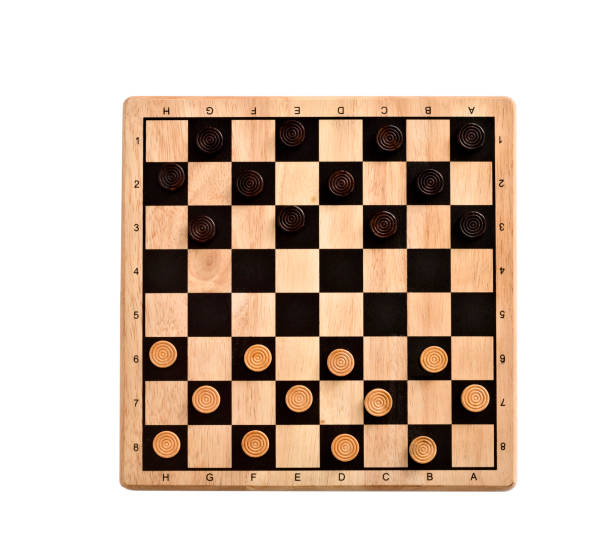 istock wooden checkerboard with checkers spaced isolated on white 1057494510
