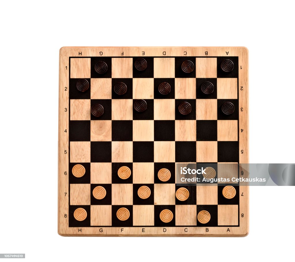 wooden checkerboard with checkers spaced isolated on white Agricultural Field Stock Photo