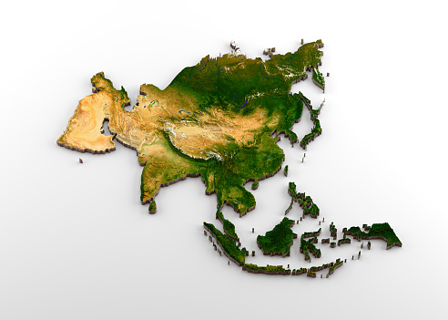 3D rendering of extruded high-resolution physical map (with relief) of the Asian Continent,isolated on white background.\nModeled and rendered with Houdini 16.5\nSatellite image from NASA: https://visibleearth.nasa.gov/view.php?id=74092
