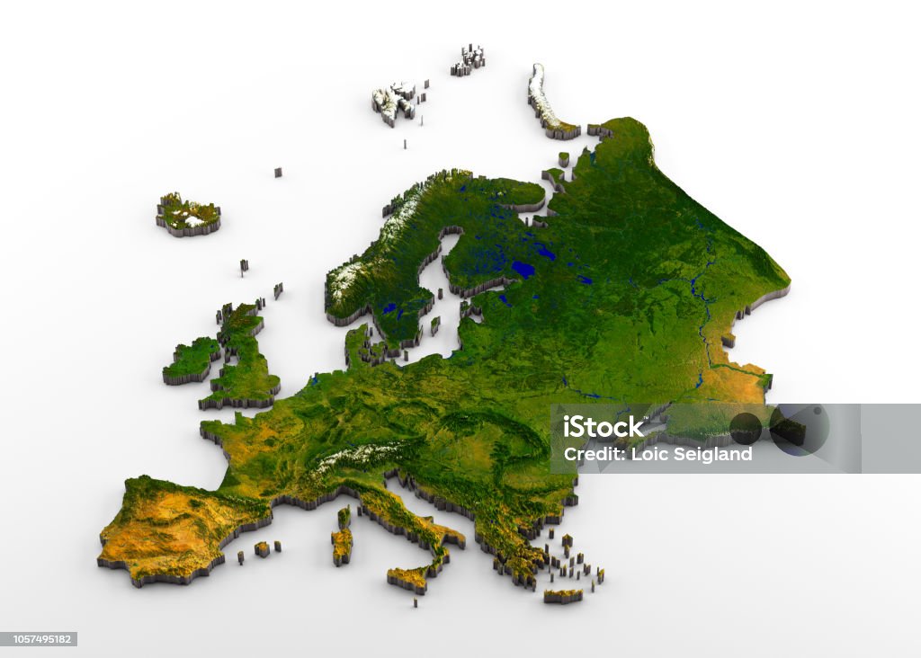 Realistische 3D extrudiert Karte des europäischen Kontinents (inklusive Westeuropa, Eastearn Europa und westliche Teil Russlands) - Lizenzfrei Karte - Navigationsinstrument Stock-Foto