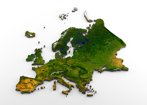 3D rendering of extruded high-resolution physical map (with relief) of the European Continent,isolated on white background.\nModeled and rendered with Houdini 16.5\nSatellite image from NASA: https://visibleearth.nasa.gov/view.php?id=74092