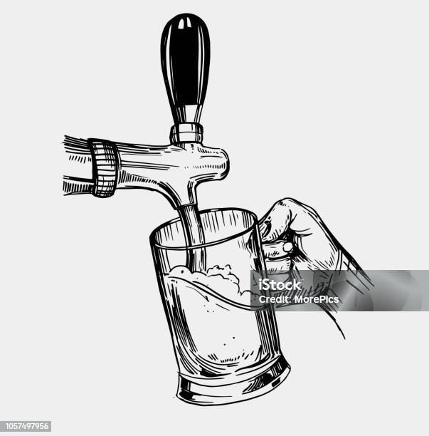 Beer Is Poured Into A Mug Beer Tap Hand Drawn Illustration Converted To Vector Stock Illustration - Download Image Now