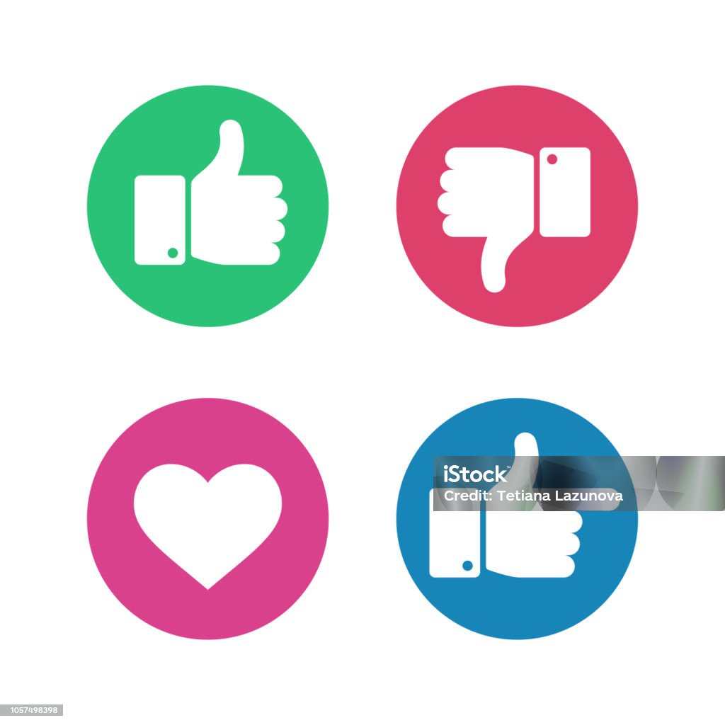Thumbs up down sign. Point finger and heart icons in red and green circle. Social media love user reaction vector isolated buttons Thumbs up down sign. Point finger and heart icons in red and green circle. Social media love user reaction vector isolated buttons. Like and dislike gesture internet symbols Thumbs Up stock vector