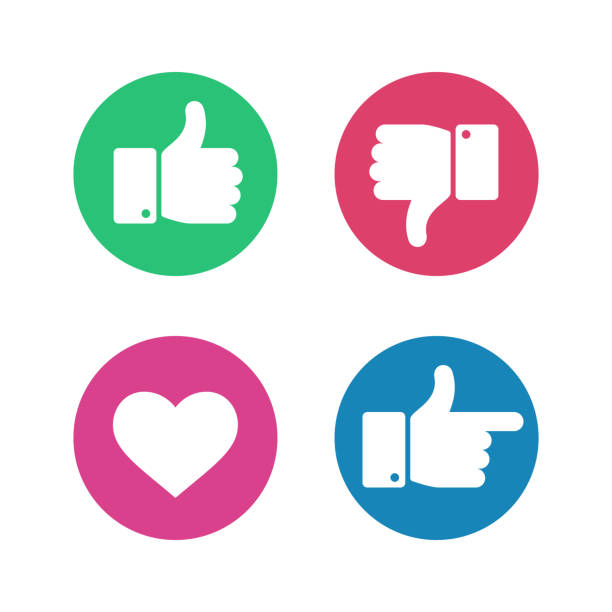Thumbs up down sign. Point finger and heart icons in red and green circle. Social media love user reaction vector isolated buttons Thumbs up down sign. Point finger and heart icons in red and green circle. Social media love user reaction vector isolated buttons. Like and dislike gesture internet symbols disgusted stock illustrations