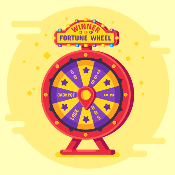 Fortune wheel winner. Lucky chance spin wheels game, modern turning money roulette and gambling vector flat poster Fortune wheel winner. Lucky chance spin wheels game, modern turning money roulette spin lottery winner risk jackpot gaming and spinning gambling entertainment vector flat poster us recession stock illustrations