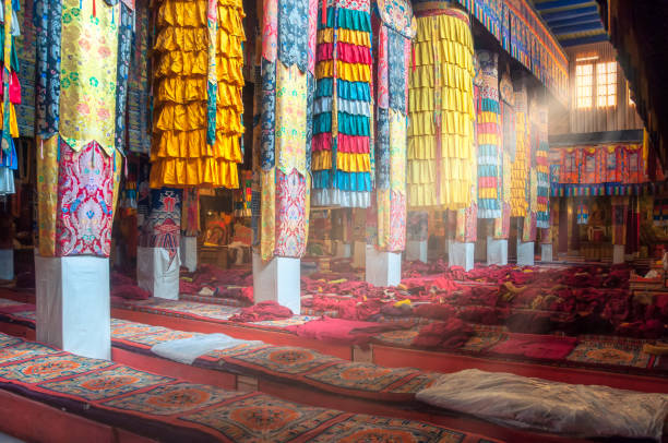 Beautiful colorful interior decoration of Tibetan buddhist temple, Tibet stock photo