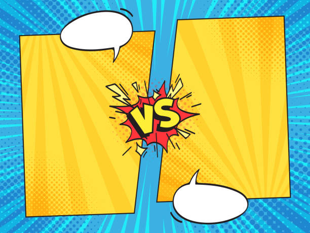 ilustrações de stock, clip art, desenhos animados e ícones de versus comic frame. vs comics book frames with cartoon text speech bubbles on halftone stripes background vector template - livro de banda desenhada