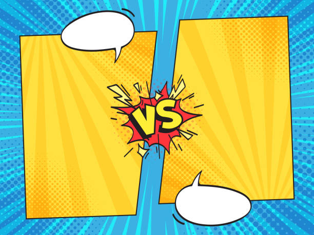 Versus comic frame. Vs comics book frames with cartoon text speech bubbles on halftone stripes background vector template Versus comic frame. Vs comics book clash frames with cartoon text speech bubbles on halftone stripes background vector template. Comic magazine funny poster confrontation stock illustrations
