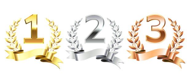 istock Winner laurel wreaths. Golden laurels wreath for first gold, second silver and third bronze podium pedestal isolated vector set 1057499932