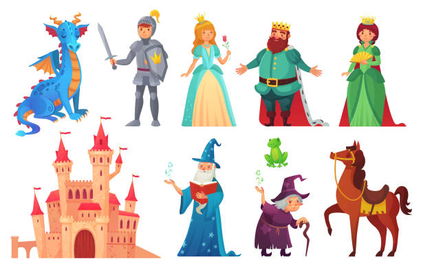 illustrazioni stock, clip art, cartoni animati e icone di tendenza di personaggi delle fiabe. cavaliere e drago fantasy, principe e principessa, regina del mondo magico e re set vettoriale di cartoni animati isolato - drago personaggio fantastico