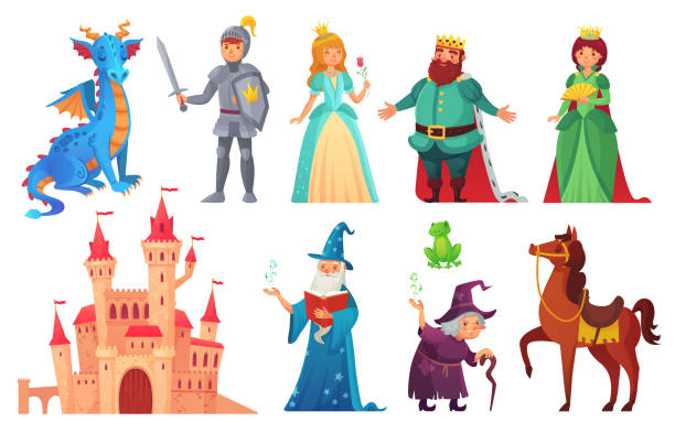 Fairy tales characters. Fantasy knight and dragon, prince and princess, magic world queen and king isolated cartoon vector set Fairy tales characters. Fantasy knight and dragon, prince and princess, magic world queen and king with castle tale magic. Fairytale isolated cartoon vector icons set knight person stock illustrations