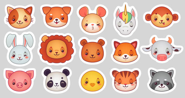 ilustrações de stock, clip art, desenhos animados e ícones de animals face stickers. cute animal faces, kawaii funny emoji sticker or avatar. cartoon vector illustration set - female animal big cat undomesticated cat feline