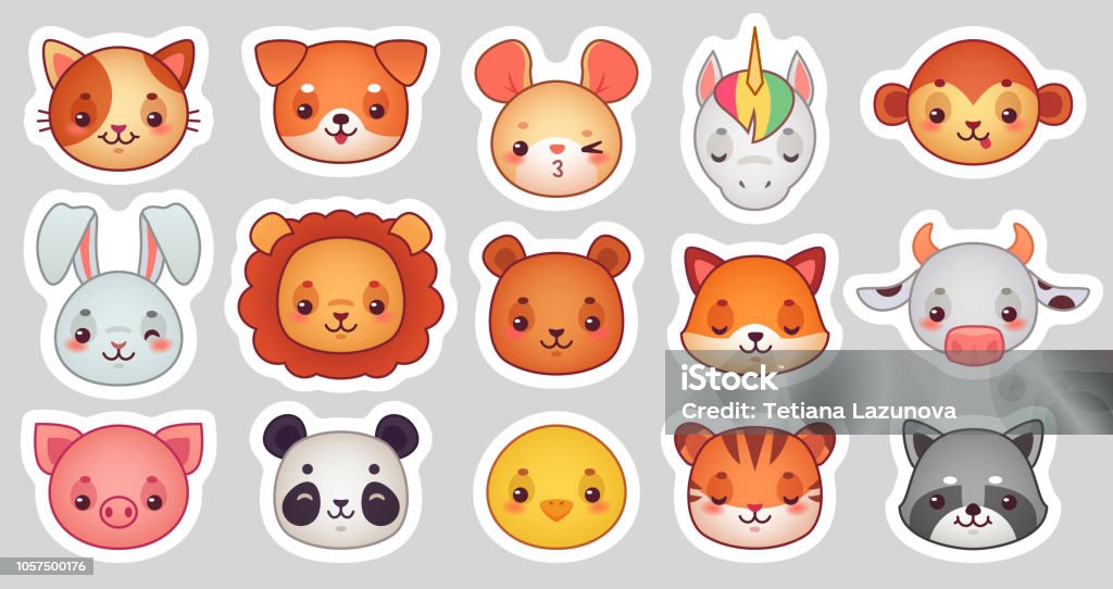 Animals Face Stickers Cute Animal Faces Kawaii Funny Emoji Sticker Or  Avatar Cartoon Vector Illustration Set Stock Illustration - Download Image  Now - iStock