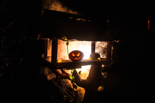 istock Pumpkin Burning In Forest At Night - Halloween Background. Scary Jack o Lantern smiling and glowing pumpkin with dark toned foggy background 1057500340
