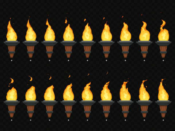 Torch fire animation. Burning cresset, flames on torches and flambeau animated loop sequence isolated vector set Torch fire animation. Burning cresset, flames on torches and flambeau animated loop sequence for mobile game development or video burn flame loop isolated vector icons set action anime movies stock illustrations