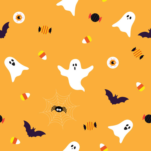 illustrations, cliparts, dessins animés et icônes de illustration vectorielle de halloween éléments modèle sans couture, spooky ghost avec des bonbons d’halloween sur fond orange. - taffy