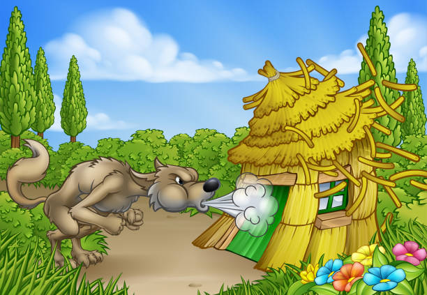 Three Little Pigs Big Bad Wolf Blowing Down House The big bad wolf from the three little pigs fairy tale blowing down the straw house giant fictional character illustrations stock illustrations