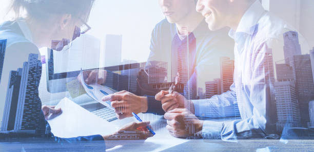 business people working on marketing plan, double exposure business people working on marketing plan  together in modern office, teamwork, double exposure banner accountancy photos stock pictures, royalty-free photos & images