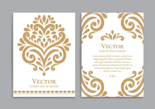 Vector illustration of Gold and white vintage invitation card. Good for flyer, menu, brochure. Luxury ornament.