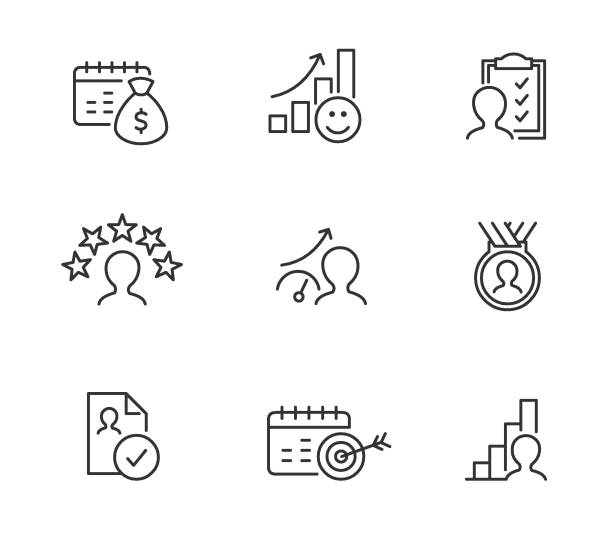 ilustraciones, imágenes clip art, dibujos animados e iconos de stock de iconos de rendimiento de empleados - evaluación del desempeño