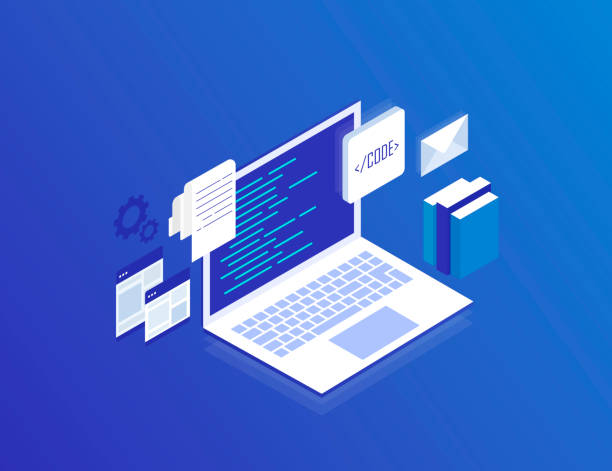 концепция веб-разработки, программирования и кодирования. ноутбук с виртуальными экранами на синем фоне. современная изометрическая векто - php stock illustrations