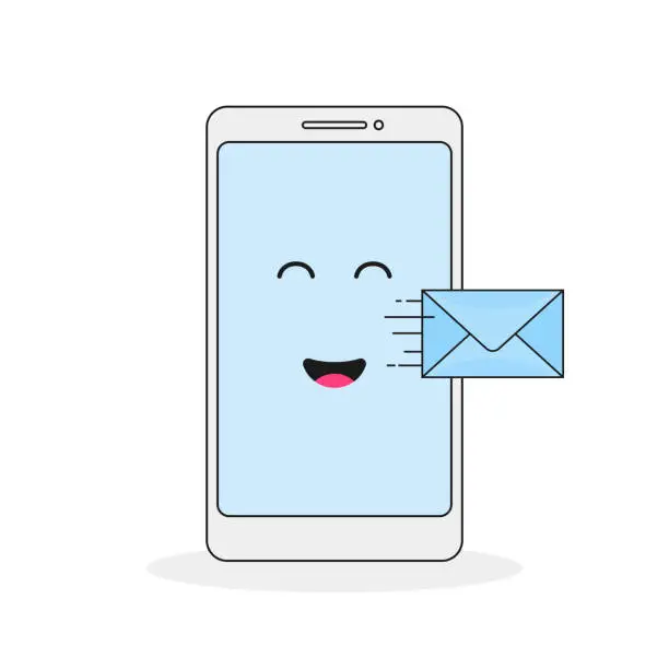 Vector illustration of Send a message from your mobile phone. E-marketing. Cartoon linear vector illustration in a flat style, highlighted by white background