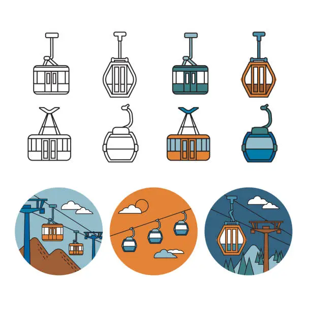 Vector illustration of cableway linear icons colors