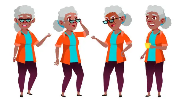 Vector illustration of Old Woman Poses Set Vector. Black. Afro American. Elderly People. Senior Person. Aged. Friendly Grandparent. Banner, Flyer, Brochure Design. Isolated Cartoon Illustration