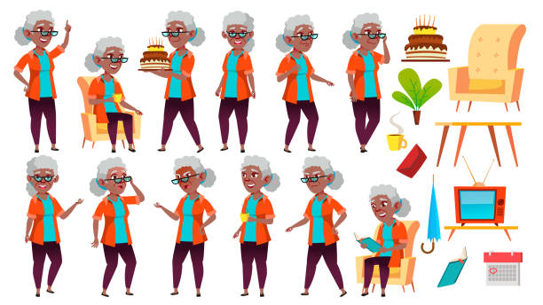 ilustrações de stock, clip art, desenhos animados e ícones de old woman poses set vector. black. afro american. elderly people. senior person. aged. positive pensioner. advertising, placard, print design. isolated cartoon illustration - mulher careca