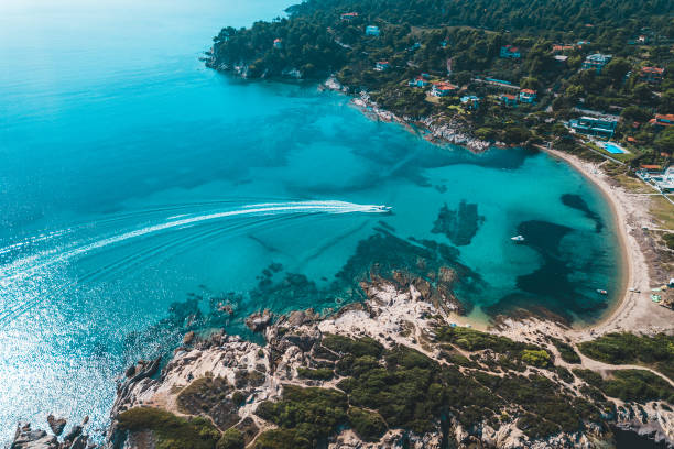 Aerial view of the coastline in Halkidiki, Greece Aerial view of the coastline in Halkidiki, Greece halkidiki stock pictures, royalty-free photos & images