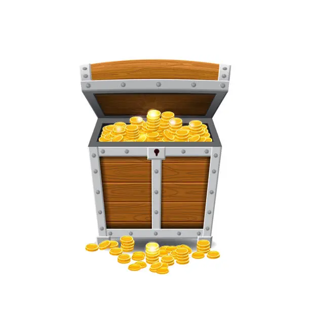 Vector illustration of Wooden old pirate chests, full of treasures, gold coins, treasures, vector, cartoon style, illustration, isolated. For games, advertising applications