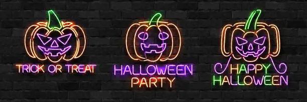 Vector illustration of Vector set of realistic isolated neon sign of Pumpkin logo for decoration and covering on the wall background. Concept of Happy Halloween.