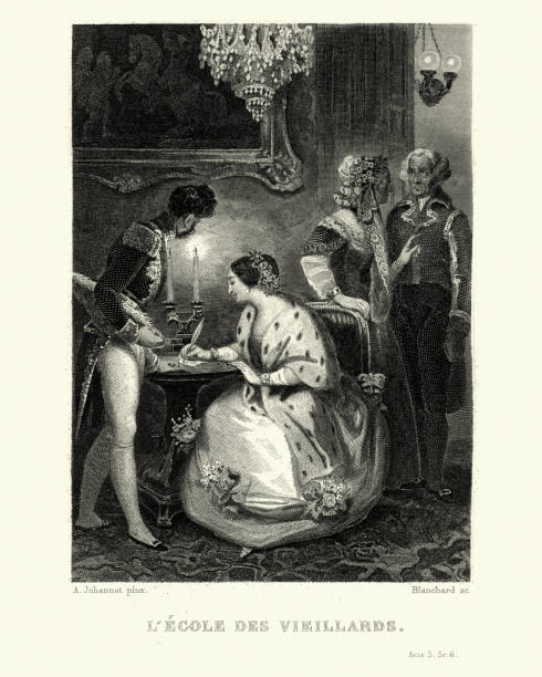 Ecole des vieillards, Young woman signing documents, 19th Century Vintage engraving of a scene from the play Ecole des vieillards  by Casimir Delavigne, 19th Century. Young woman signing documents, 19th Century ecole stock illustrations