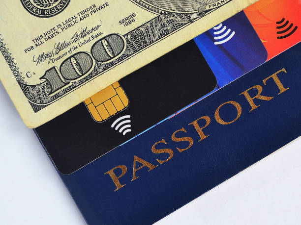 istock Blue passport, one hundred dollars bill and three different credit cards 1057545380
