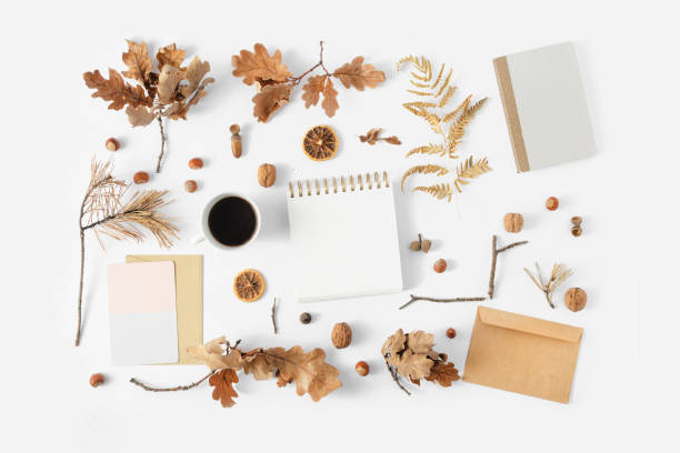 istock Autumn feminine workspace desk notepad cup coffee leaves white background top view Stylish office 1057549110