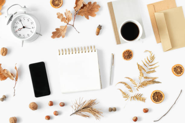 istock Flat lay autumn feminine home office workspace top view stylish office 1057550300