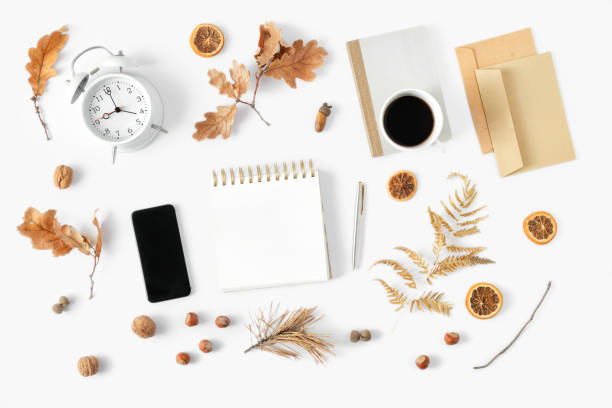istock Flat lay autumn feminine home office workspace top view stylish office 1057550310