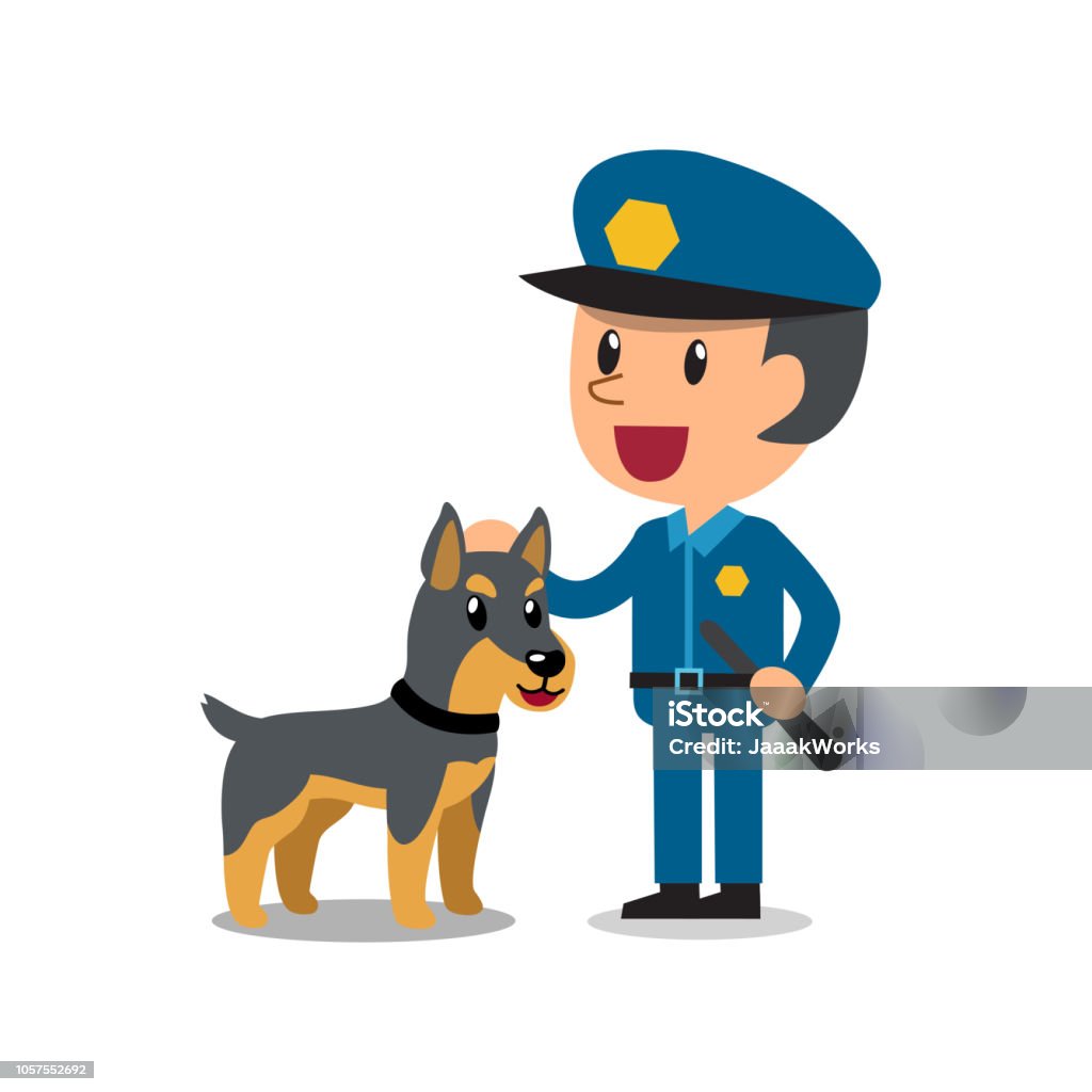 Vector cartoon security guard policeman with police guard dog Vector cartoon security guard policeman with police guard dog for design. Dog stock vector