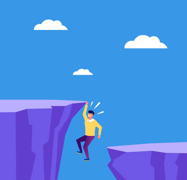 Entrepreneur businessman employee character hold on cliff. Business career finance fail concept. Vector flat cartoon graphic design isolated illustration Entrepreneur businessman employee character hold on cliff. Business career finance fail concept. Vector flat cartoon graphic design isolated cliffs stock illustrations