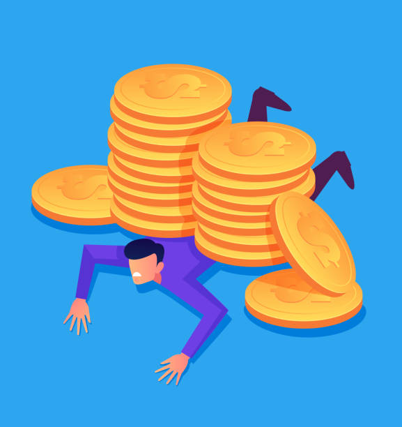 Entrepreneur businessman employee character laying under big money golden coins stock pile dollars. Currency crash default concept. Vector flat cartoon graphic design isolated illustration Entrepreneur businessman employee character laying under big money golden coins stock pile dollars. Currency crash default concept. Vector flat cartoon graphic design isolated slave market stock illustrations