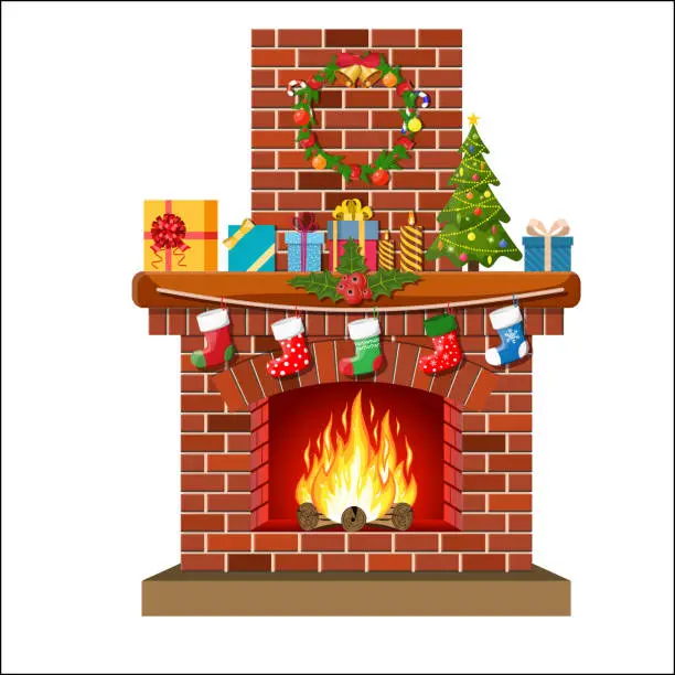 Vector illustration of Christmas red brick classic fireplace