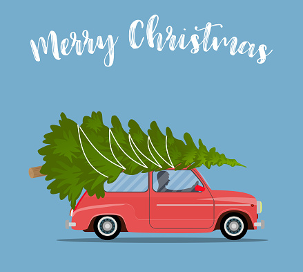 Merry christmas greeting card. vintage red car with xmas pine tree gift on roof. Vector illustration in flat style