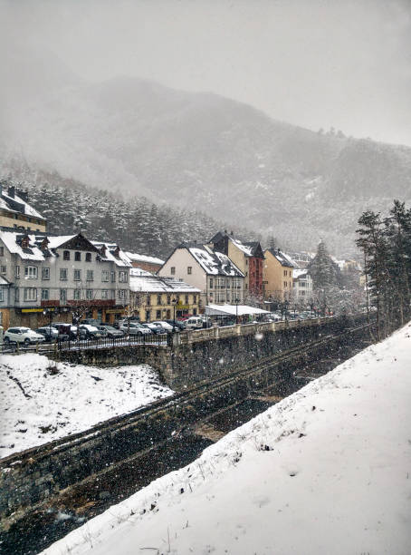 Snowing in Canfranc (Huesca, Spain) stock photo