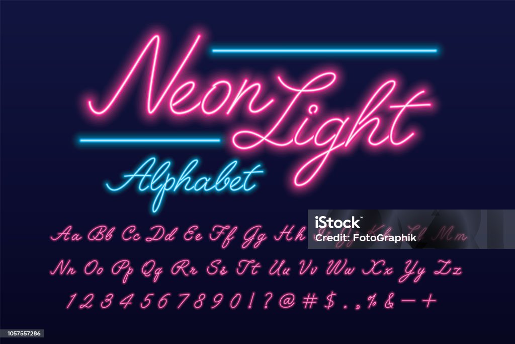 neon font Glowing pink and blue neon light script alphabet Neon Lighting stock vector
