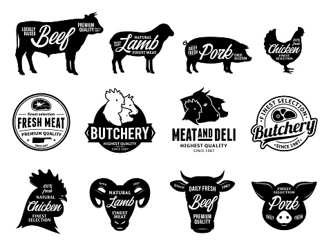 Set of vector butchery labels. Farm animals silhouettes and icons collection for groceries, meat stores, butcher's shops, packaging and advertising.