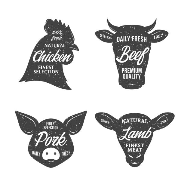 ilustrações, clipart, desenhos animados e ícones de modelos de rótulo de carnificina. ícones de animais de fazenda - pig pork ham meat
