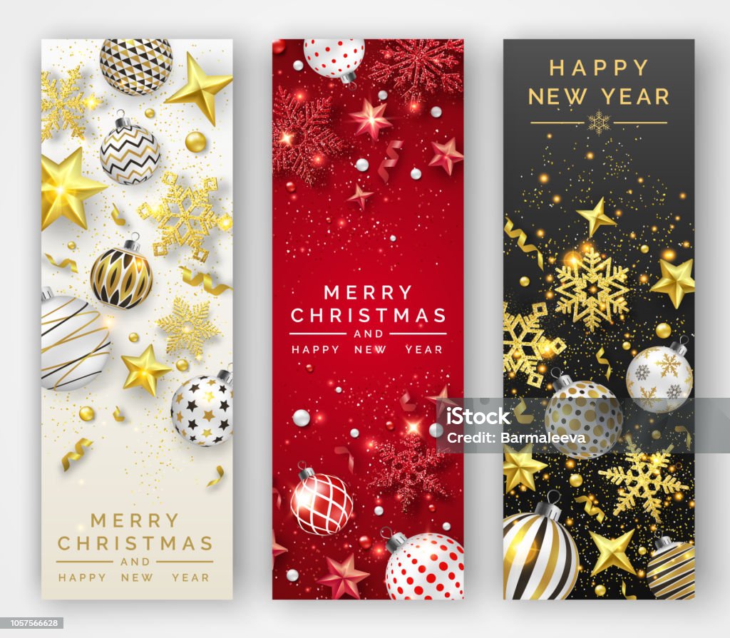 Three Christmas vertical banners with shining snowflakes, ribbons, stars and colorful balls. New year and Christmas card illustration on light and dark background Three Christmas vertical banners with shining snowflakes, ribons, stars and colorful balls. New year and Christmas vector card illustration on light and dark background Christmas stock vector