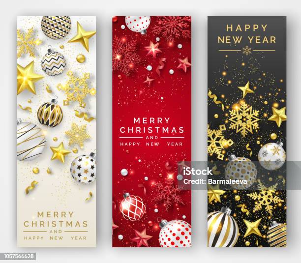 Three Christmas Vertical Banners With Shining Snowflakes Ribbons Stars And Colorful Balls New Year And Christmas Card Illustration On Light And Dark Background Stock Illustration - Download Image Now