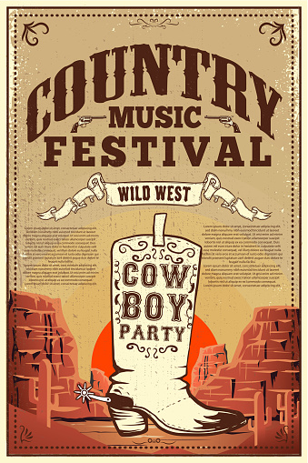 Country music festival poster. Party flyer with cowboy boots. Design element for poster, card, label, sign, card, banner. Vector image